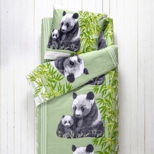 Blancheporte Detská posteľná bielizeň s potlačou Panda, polycoton zelená napínacia plachta 90x190cm